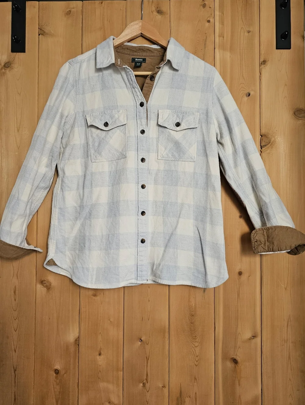 Roots Light Grey & White Plaid Button-Up Shirt with Brown Elbow Patches - Picture 2 of 7